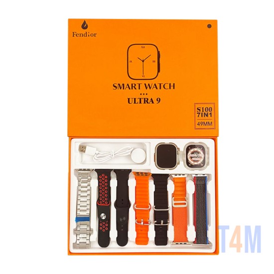 Smartwatch S100 Ultra 9 com 7 Alças e Capa Protetora 49mm (Versão para Chamada) NFC Preto